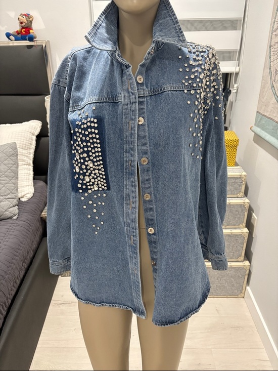 Jackets & Blazers - Embellished Blue Denim Jacket with Rhinestone Accents